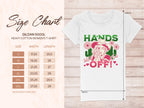 Garment Graphics White T-shirt features a bold Hands off graphic of a woman in a hat among flowers, with size chart for Gildan 5000L from S to 3XL on a unique floral background. Measurements are in inches.