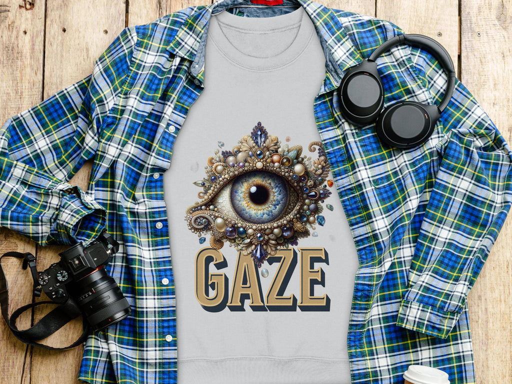 A Garment Graphics gray sweatshirt featuring an ornate eye design and GAZE is stylishly layered over a blue and green plaid shirt on wood. A camera, headphones, and white travel cup complete this unisex look.