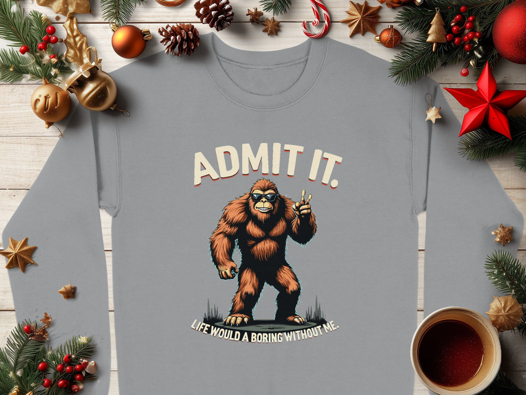 A Garment Graphics gray sweatshirt shows a Bigfoot graphic with a peace sign. Christmas ornaments and coffee surround it on wood, with the text ADMIT IT. above and LIFE WOULD BE BORING WITHOUT ME. below. Perfect for those signature Admit It Sweatshirt moments.