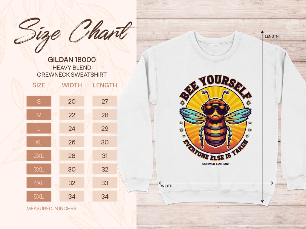 A size chart displays unisex sweatshirt sizes from S to 5XL, with width and length in inches. Next to it is a white Summer Edition Sweatshirt by Garment Graphics, featuring a bee wearing sunglasses and the phrase Bee Yourself, Everyone Else is Taken.