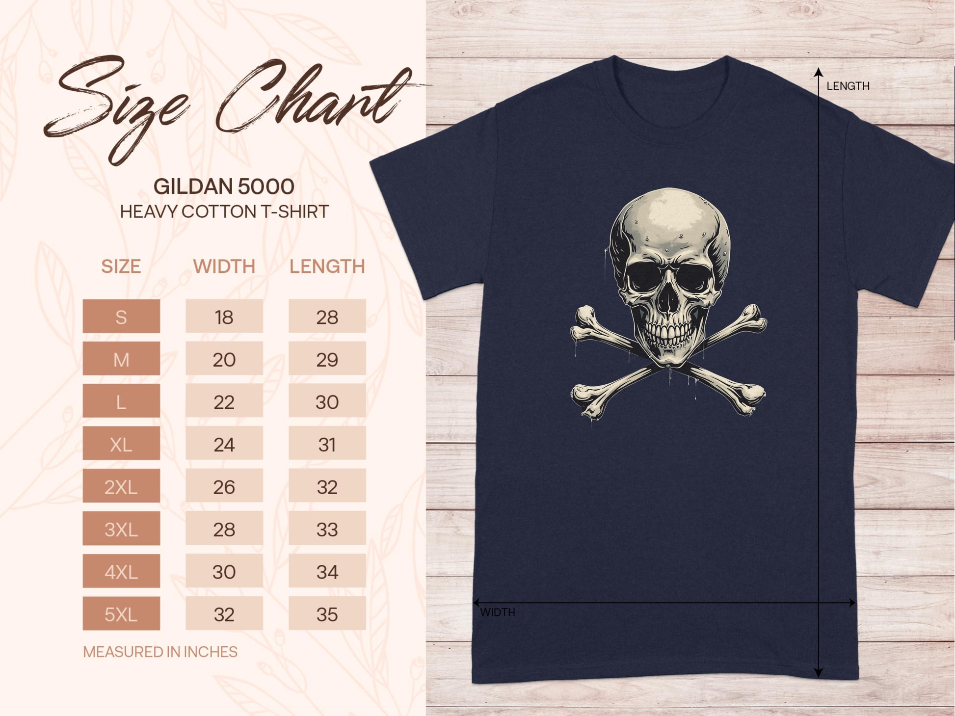 The Garment Graphics size chart for the Gildan 5000 Heavy Cotton T-shirt (S to 5XL) with width and length in inches is on the left. On the right, a navy graphic T-shirt with a bold skull and crossbones design stands out, featuring arrows for width and length.