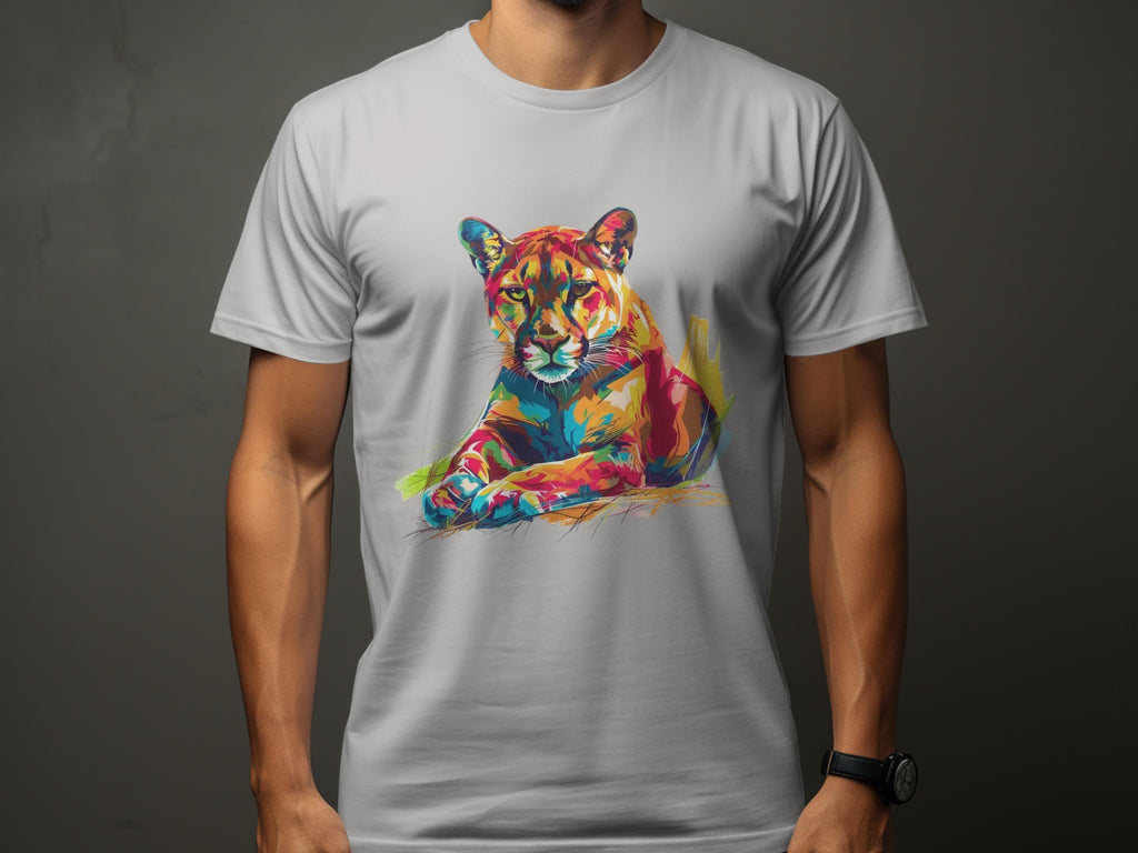 A person wears a Garment Graphics T-shirt featuring vibrant artwork of a roaring cougar in shades of orange, blue, green, and yellow on a dark gray background.