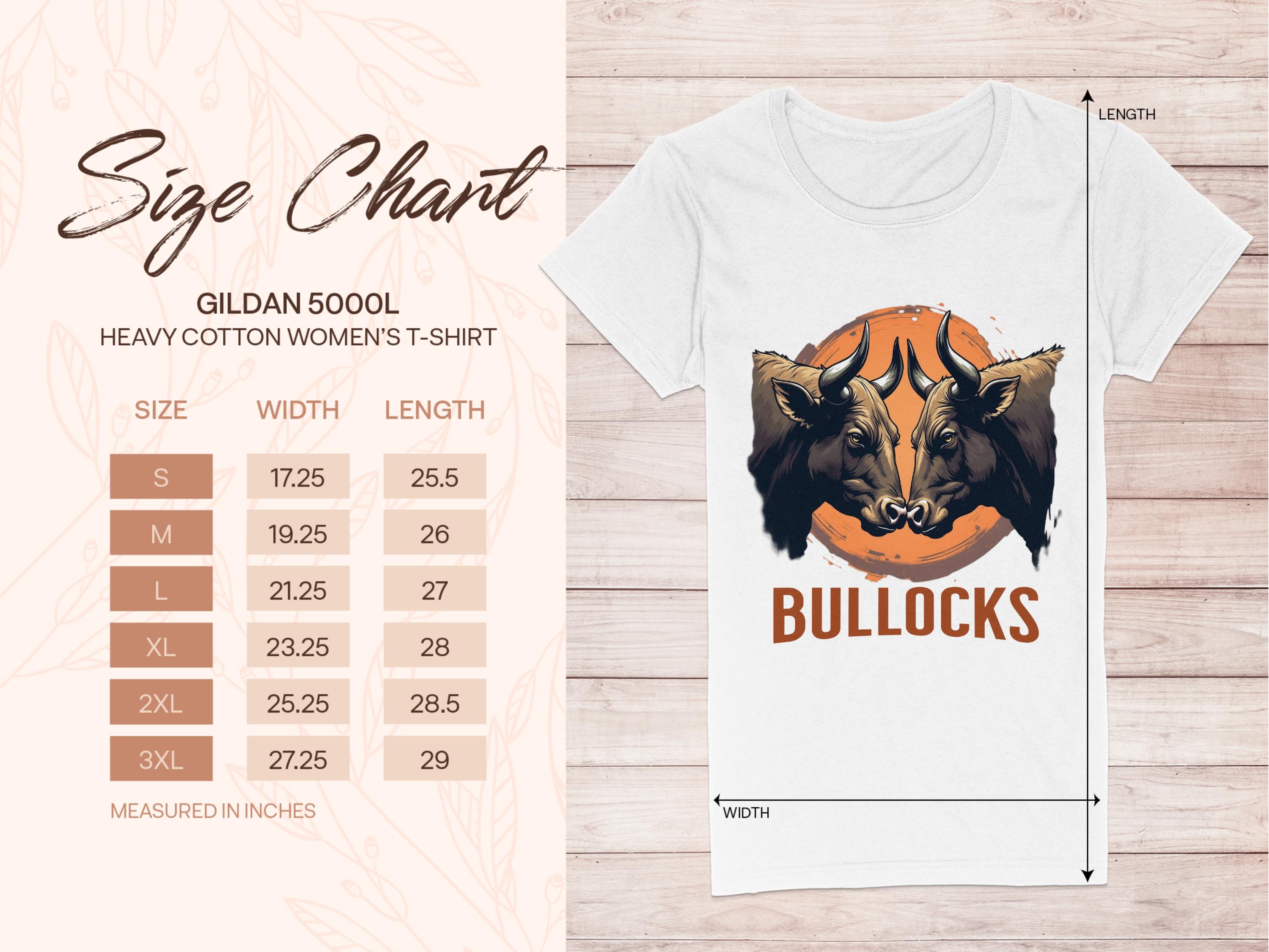 A Garment Graphics white Gildan 5000L heavy cotton womens T-shirt features bold graphics with two bulls and BULLOCKS below. Ideal for casual wear, the size chart lists inches from S to 3XL, detailing width and length per size.