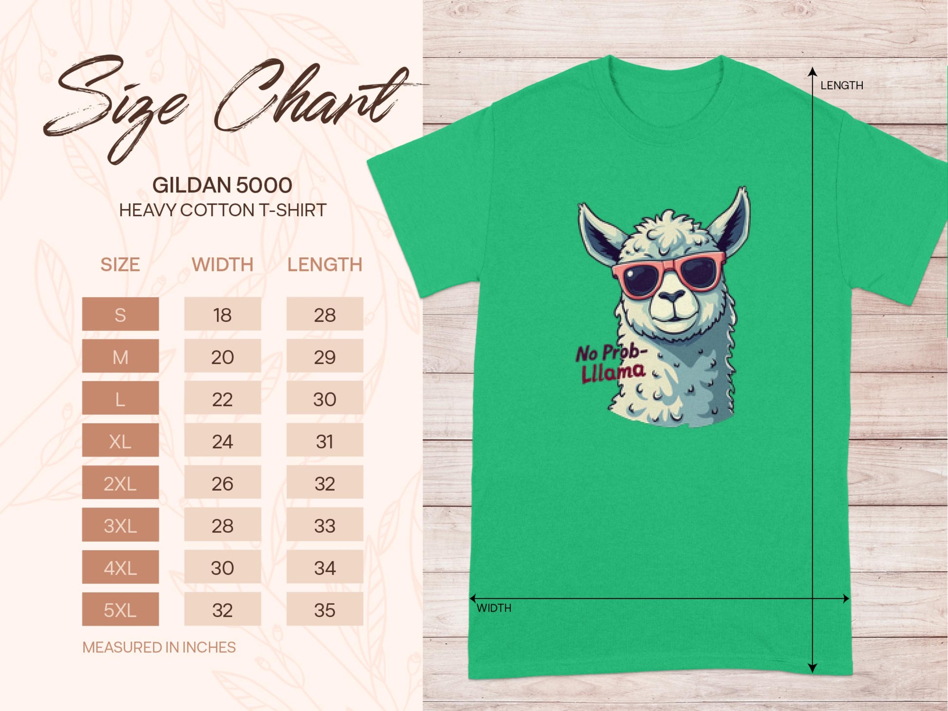 Check out our family sizing chart for the green Garment Graphics heavy cotton t-shirt, showcasing a llama in sunglasses with No Prob-Llama text. Sizes range from S to 5XL, including width and length measurements in inches for each family member.