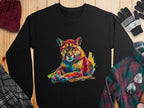 On a wooden surface, this black Garment Graphics sweatshirt features a colorful cougar design, paired with items like a plaid shirt, gray gloves, knit hat, and tartan scarf—perfect for unisex sizing.