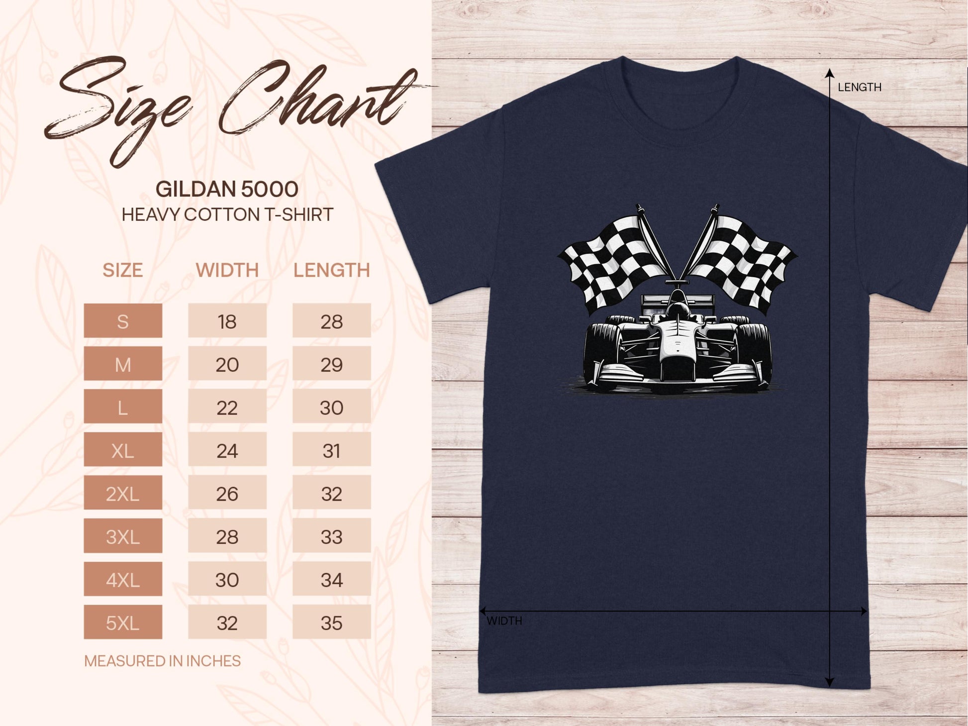 A size chart for a Garment Graphics Gildan 5000 heavy cotton T-shirt is shown beside a dark shirt with a race car and checkered flags design, ideal for F1 fans. Sizes range S to 5XL, with width and length in inches. Background features wooden planks.