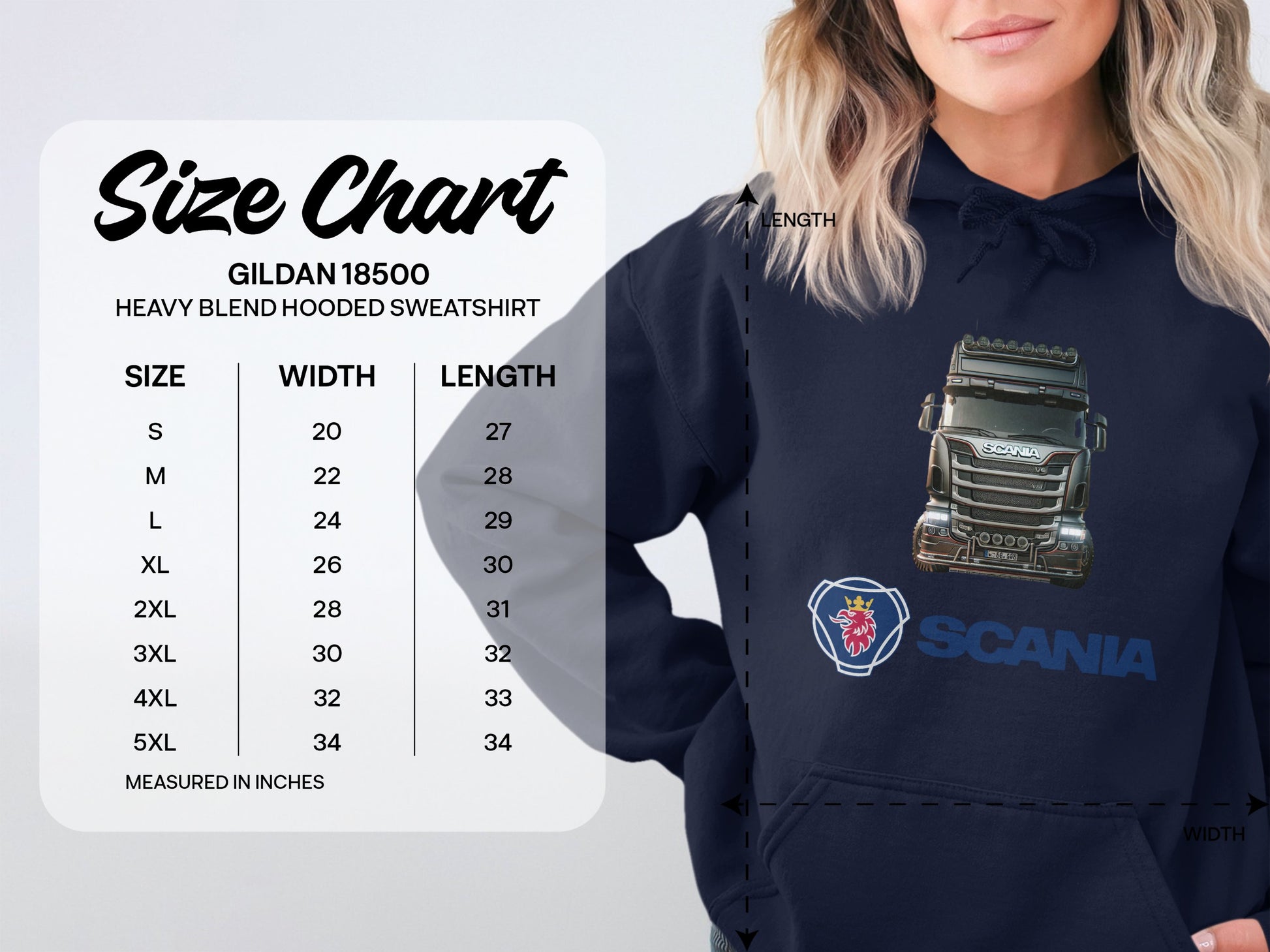 A woman wears a navy blue Garment Graphics Scania Truck Hoodie with a truck graphic and the Scania logo. Beside her, a Gildan 18500 size chart displays dimensions from Small to 5XL, accommodating truck enthusiasts of all sizes.