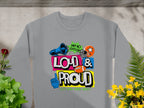 Introducing Garment Graphics Loud and Proud Sweatshirt in unisex sizing—a gray design featuring vibrant text, icons like a megaphone, football, foam hand, and helmet. With phrases like Hey Ho Lets Go, it’s perfect for making a statement while enjoying the ambiance of potted plants.