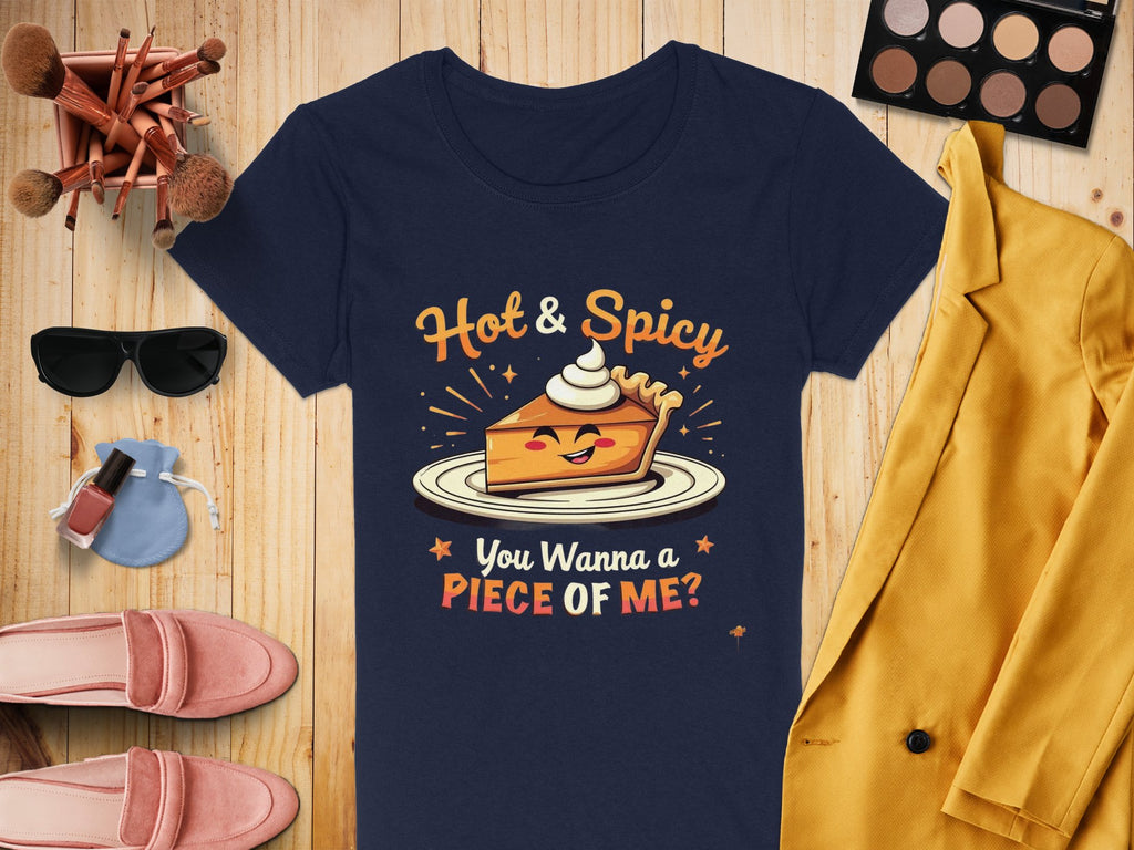 A Garment Graphics navy T-shirt showcases a pie slice with Hot & Spicy above and You Wanna a Piece of Me? below. Ideal for casual wear, its displayed with makeup, a yellow jacket, pink shoes, nail polish, and brushes on wood. Available in womens sizes.