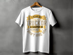 Garment Graphics presents a humorous white T-shirt on a hanger with the bold quote: If hes got golf clubs in his truck or a camper in his driveway I dont hire him. Adorned with gold and gray graphics of golf clubs and a camper, its the perfect gift for humor lovers.