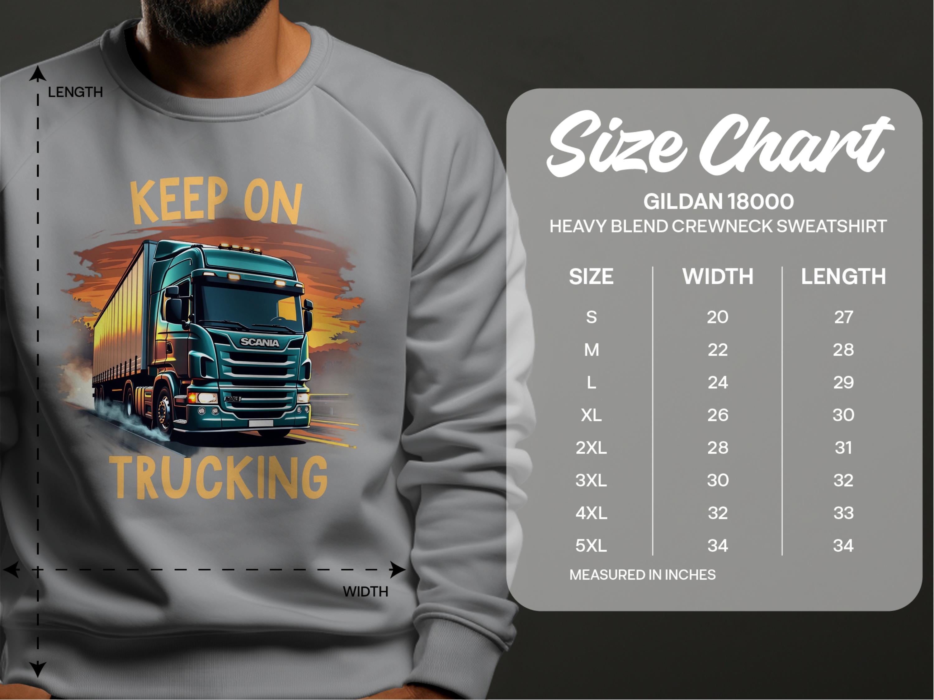A man wears a Garment Graphics heavy blend crewneck sweatshirt in stylish gray, featuring a bold truck design with Keep On Trucking. A size chart from S to 5XL is displayed on the right.