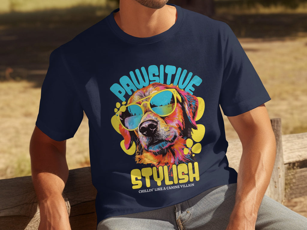 Seated on a wooden bench, a person wears a navy blue dog t-shirt by Garment Graphics featuring a colorful graphic of a dog in sunglasses. The playful phrases Paw-sitive Stylish and Chillin Like A Canine Villain are printed boldly, highlighting the essence of canine coolness.