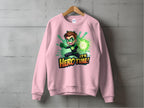 The Its Herotime sweatshirt by Garment Graphics features a spiky brown-haired animated character. The youth’s wrist device emits green energy, and It’s Hero Time! stands out in bold yellow and black, making it perfect for any adventure-loving wardrobe.