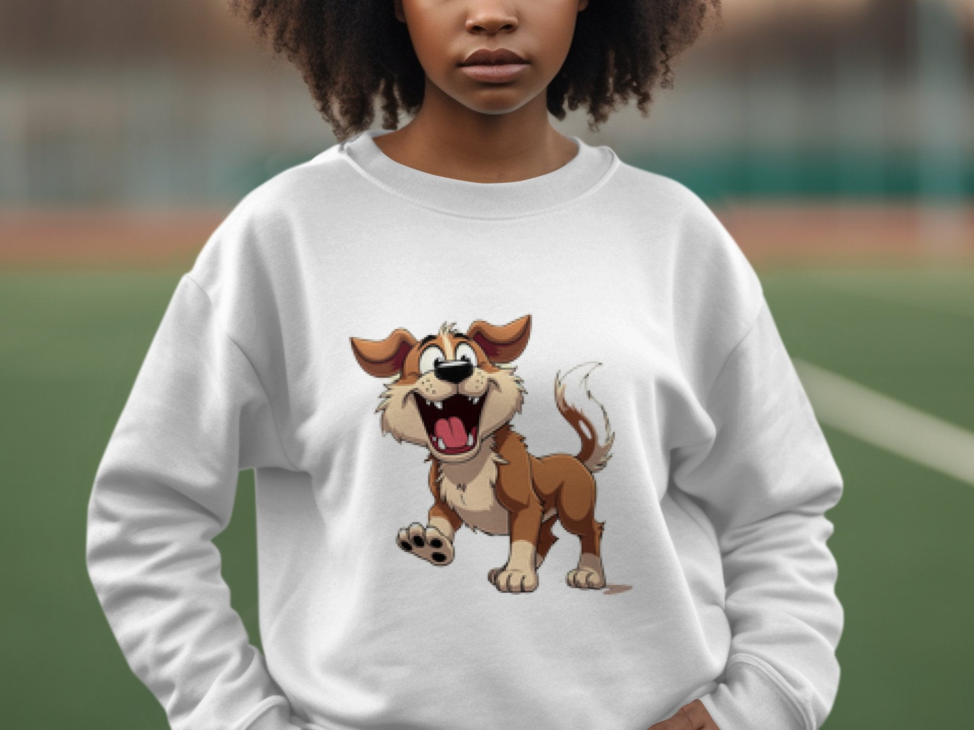 A person stands outdoors wearing a Garment Graphics white sweatshirt with an animated happy dog illustration. The blurred background of a sports area complements the look, perfect for dog lovers. With curly hair and hands in pockets, they effortlessly blend style and comfort.