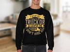 A person wears a Garment Graphics black sweatshirt featuring yellow text, If hes got golf clubs in his truck or a camper in his driveway, I dont hire him, with decorative touches and a small golf cart graphic, embodying the spirit of an outdoor enthusiast.