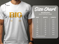 A person wearing a white Garment Graphics T-shirt with BIG in gold letters and two gold eye designs adds humor for fishing fans. Next to it, a size chart for Gildan 5000 T-shirts shows sizes S to 5XL with width and length in inches.