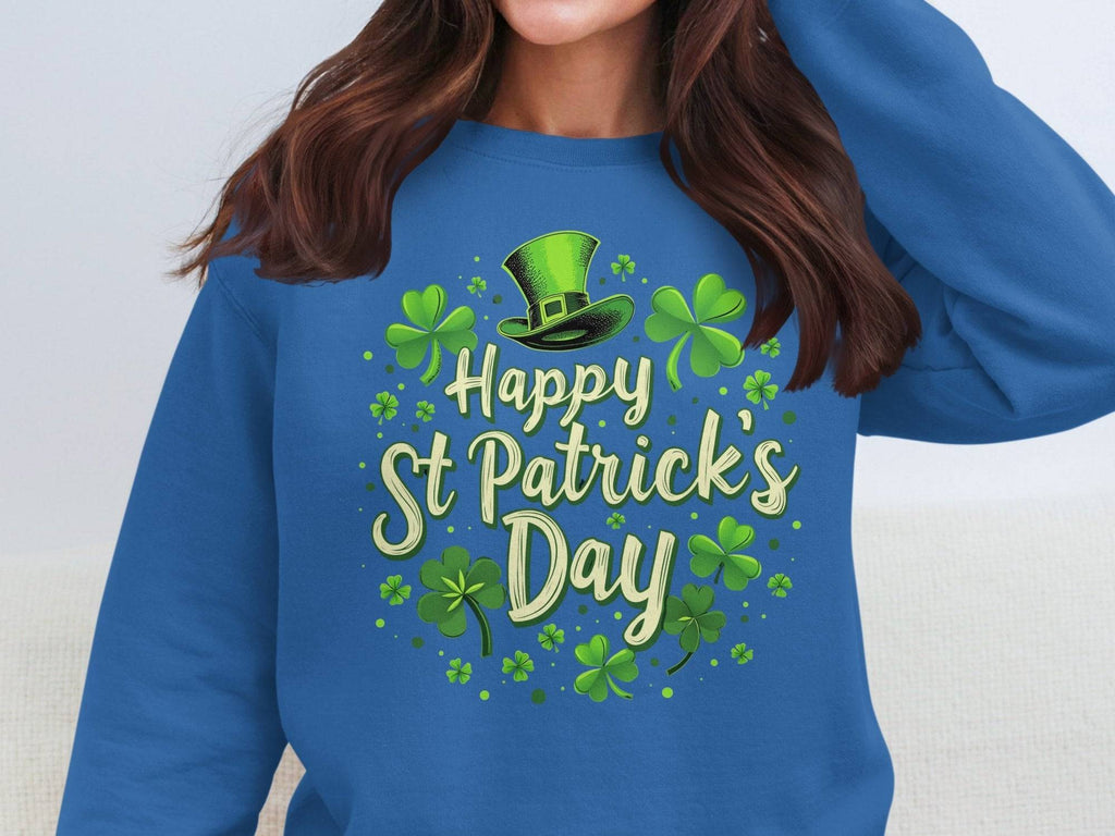 Wearing a blue Happy St Patricks Day sweatshirt from Garment Graphics, adorned with green shamrocks and a leprechaun hat, radiates festive cheer.