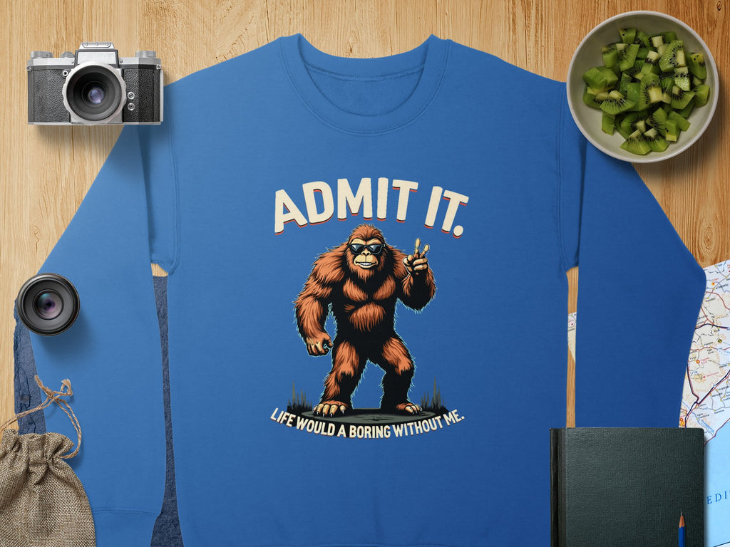 A Garment Graphics blue sweatshirt with a whimsical Bigfoot illustration and the text Admit it. Life would be boring without me. in unisex sizing, surrounded by a camera, lens, diced kiwi, map, notebook, and drawstring bag—ideal for casual wear lovers.