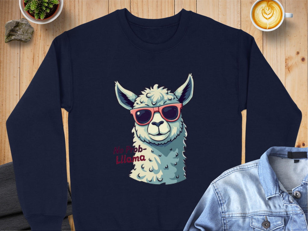 Garment Graphics presents a navy No Prob-Llama sweatshirt featuring an illustrated llama with red sunglasses. This unisex piece exudes whimsy, styled on a wooden surface next to a gray jacket, succulents, and a latte—perfect for those seeking humor with flair.