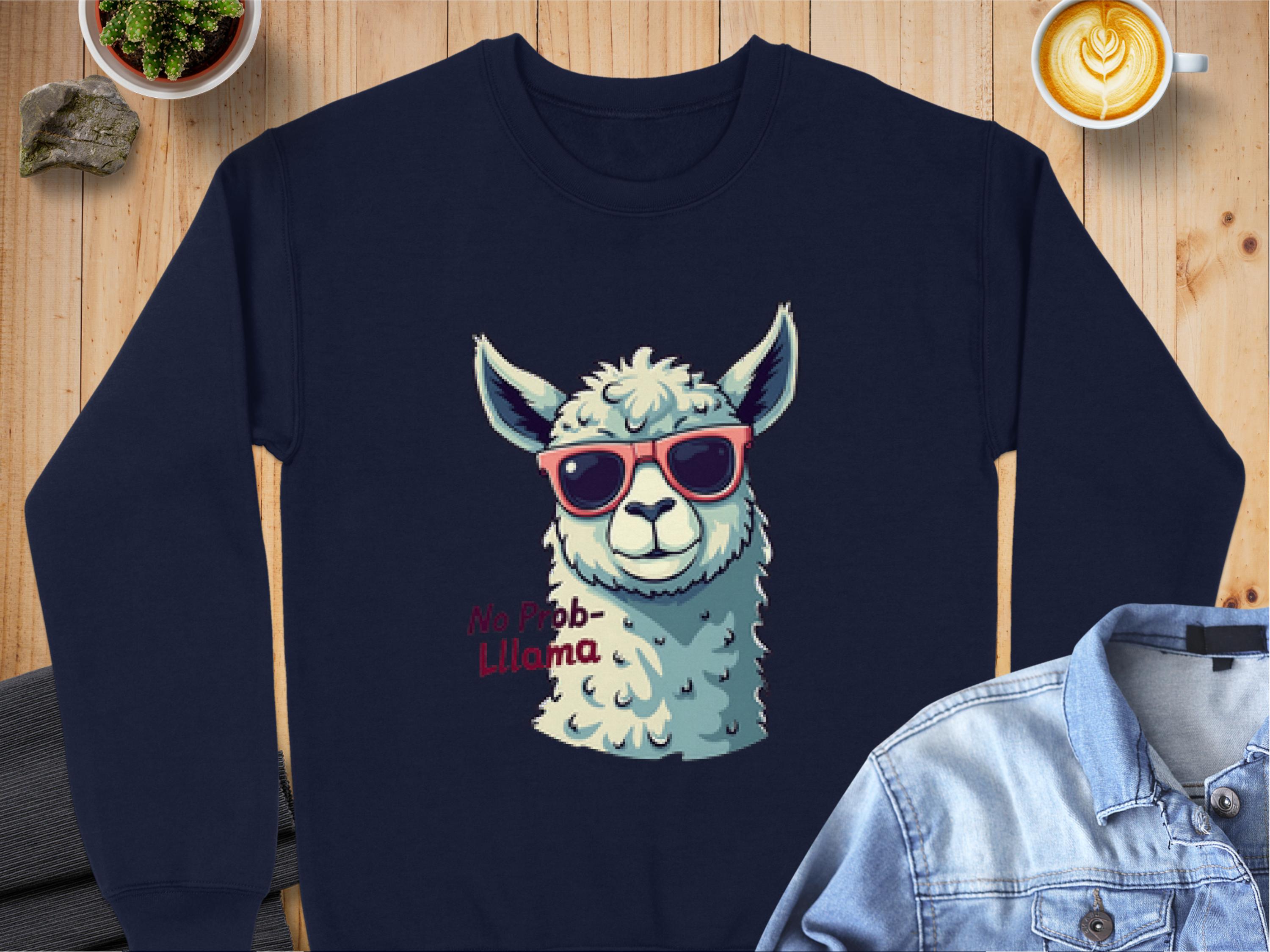 Garment Graphics presents a navy No Prob-Llama sweatshirt featuring an illustrated llama with red sunglasses. This unisex piece exudes whimsy, styled on a wooden surface next to a gray jacket, succulents, and a latte—perfect for those seeking humor with flair.