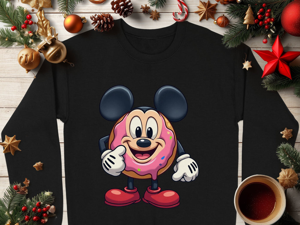 Garment Graphics presents a black long-sleeve shirt with a whimsical donut character sporting mouse ears and gloves on pink icing. Ideal for the holiday season, its surrounded by festive decor such as pine cones and cinnamon sticks, available in unisex sizing like cozy sweatshirts.