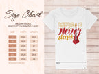 Garment Graphics offers a unique womens Music Never Sleeps t-shirt, featuring a guitar graphic and subtle leaf-patterned background. Refer to the Gildan 5000L size chart for widths and lengths in sizes S to 3XL.