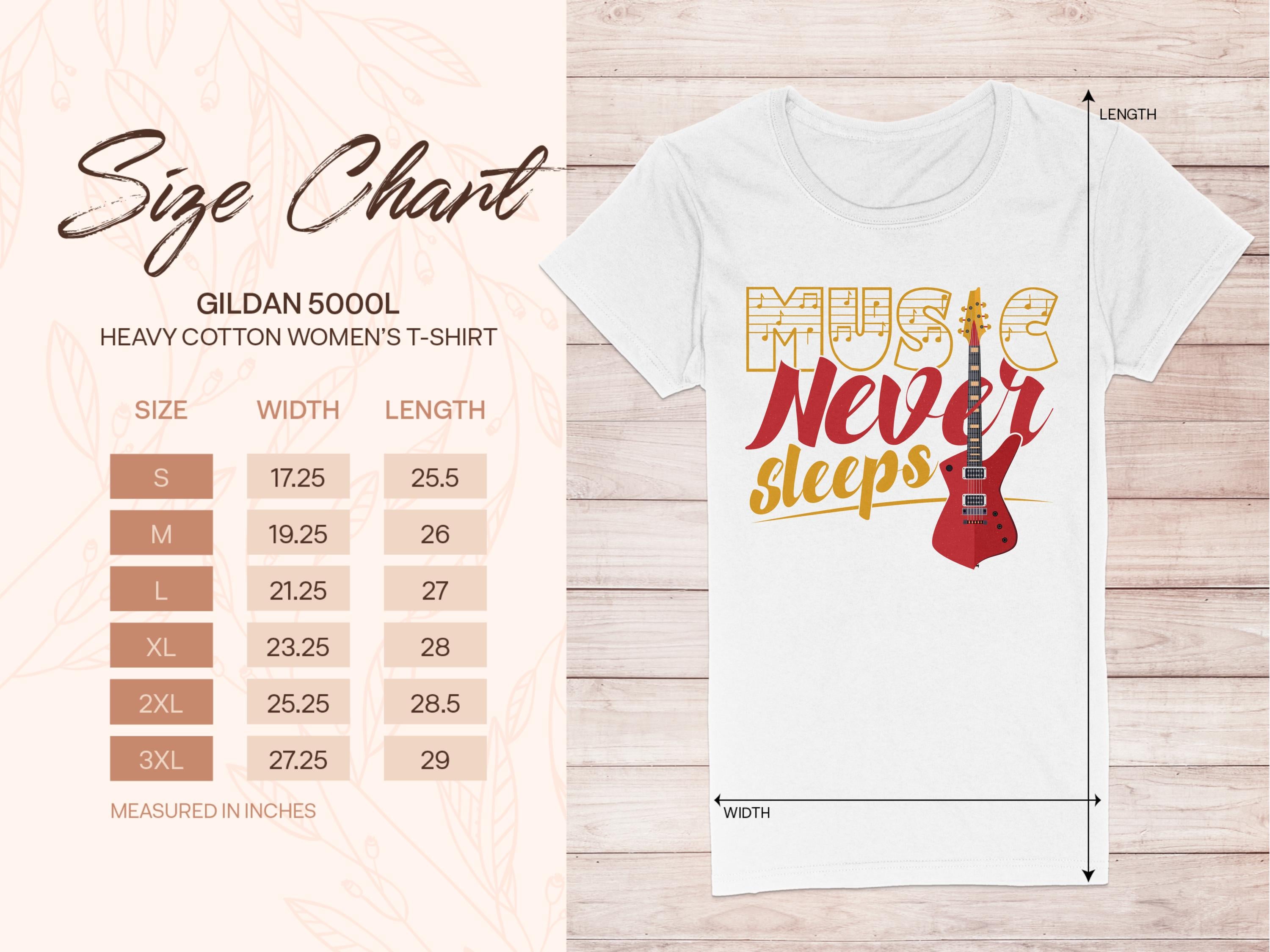 Garment Graphics offers a unique womens Music Never Sleeps t-shirt, featuring a guitar graphic and subtle leaf-patterned background. Refer to the Gildan 5000L size chart for widths and lengths in sizes S to 3XL.