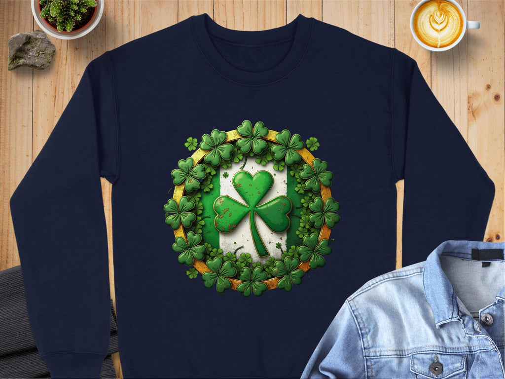 A navy sweatshirt from Garment Graphics, laid on wood, features a circle of green shamrocks framing a central four-leaf clover. Nearby are a denim shirt, latte art cup, plant, rock, and closed notebook.