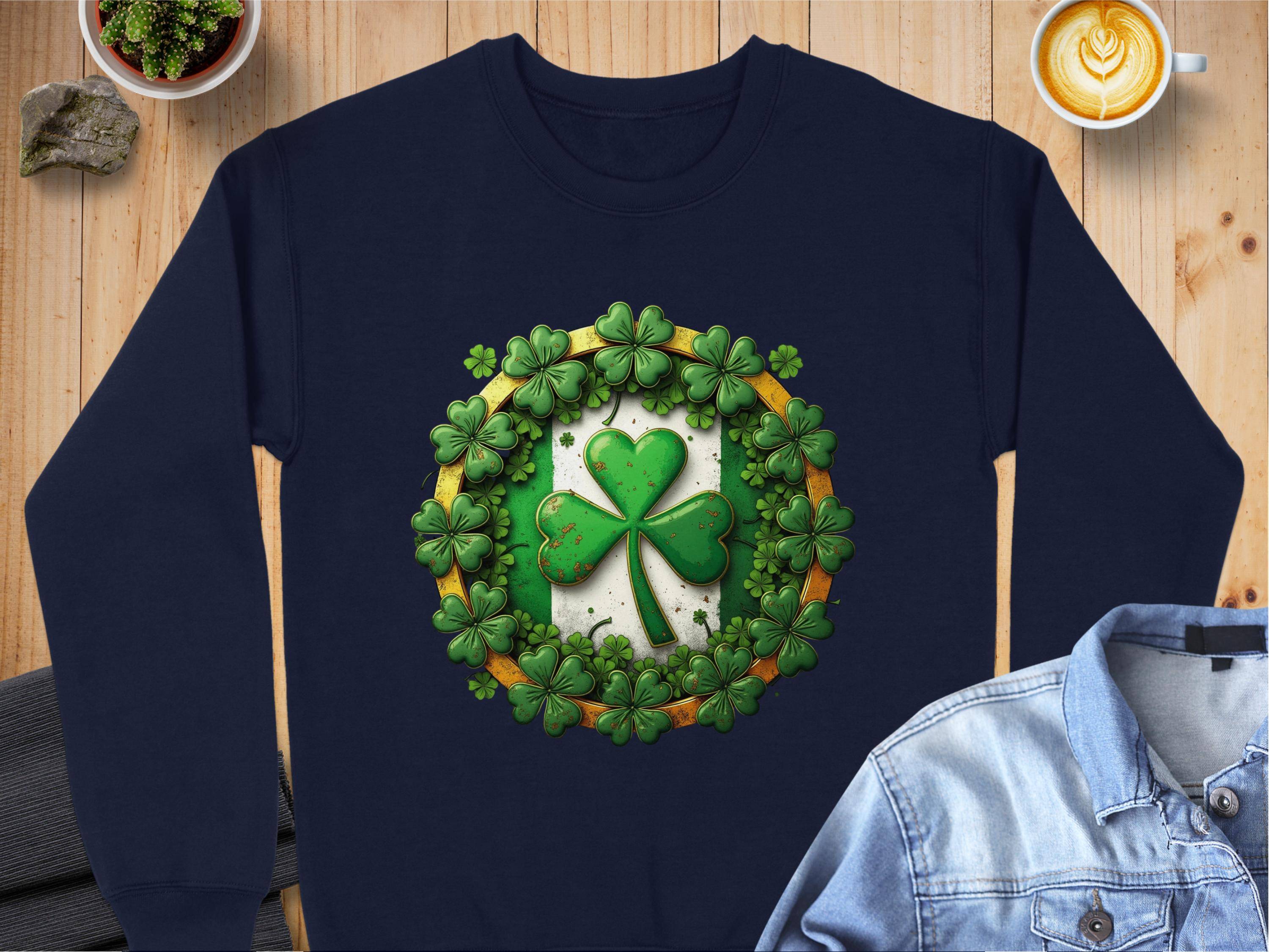 A navy sweatshirt from Garment Graphics, laid on wood, features a circle of green shamrocks framing a central four-leaf clover. Nearby are a denim shirt, latte art cup, plant, rock, and closed notebook.