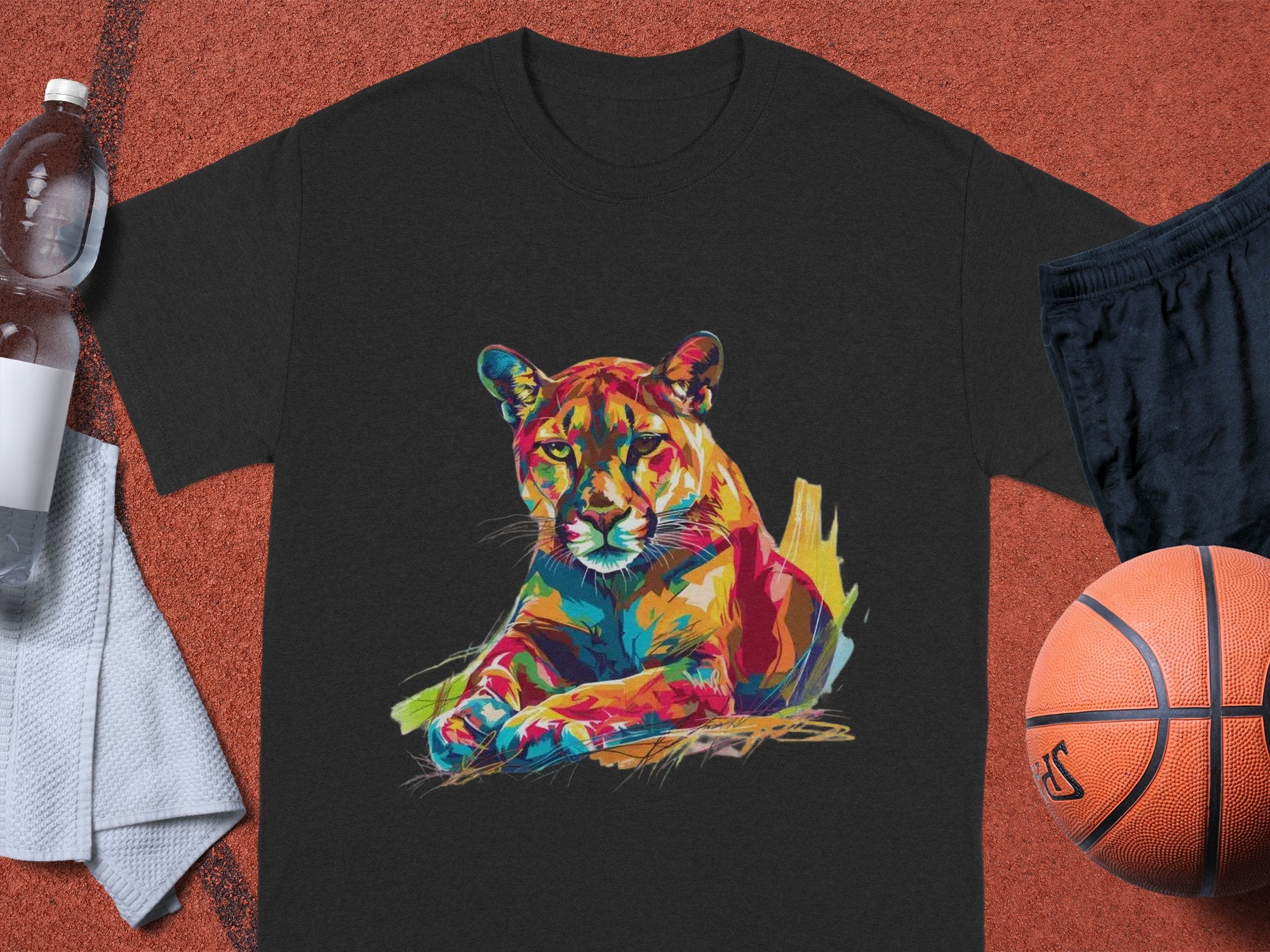 A Garment Graphics black graphic print T-shirt with vibrant lioness artwork rests on an orange surface, surrounded by a water bottle, hand towel, black shorts, and a basketball.