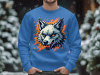 Someone is wearing a fierce blue wolf face sweatshirt by Garment Graphics, featuring a snowy landscape with blurred trees for added flair.