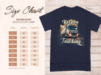 A dark Garment Graphics t-shirt showcases a large truck and Keep on Trucking print, ideal for truck enthusiasts. To the left, see the size chart for Gildan 5000 heavy cotton T-Shirts with sizes S-5XL and width/length measurements in inches.