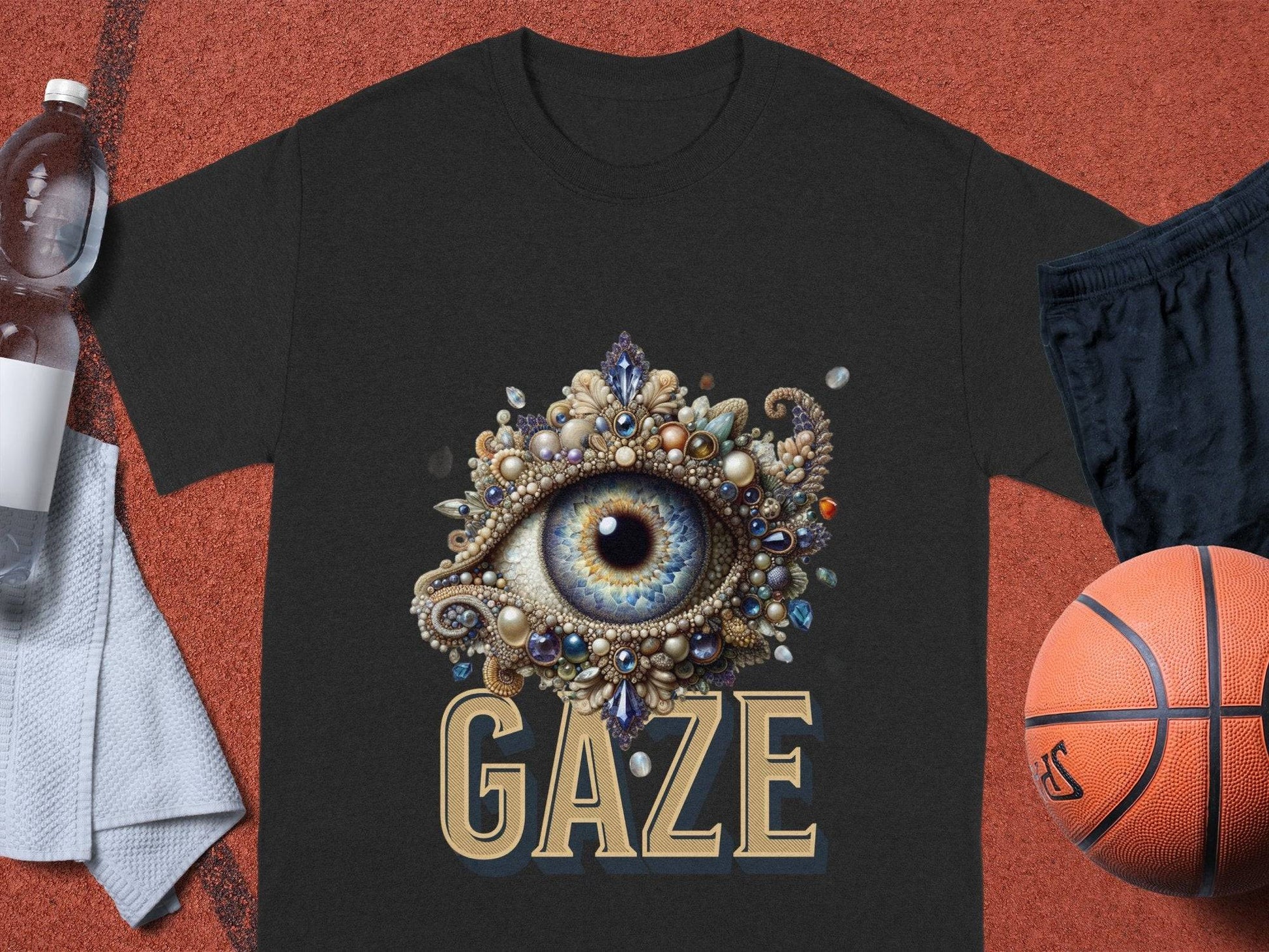 A black T-shirt from Garment Graphics showcases an intricate eye illustration with GAZE beneath, elegantly laid on a red sports surface, paired with a basketball, black shorts, a water bottle, and a towel.