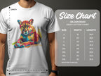 A man wears a white Garment Graphics T-shirt featuring a vibrant seated tiger graphic. Beside him is a size chart for Gildan 5000 T-shirts, showing sizes S to 5XL with width and length in inches.