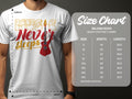 A person wears a 100% cotton white t-shirt, featuring Music Never Sleeps and a red guitar graphic, by Garment Graphics. The right side shows a size chart for Gildan 5000 heavy cotton t-shirts in sizes S-5XL with widths and lengths in inches.