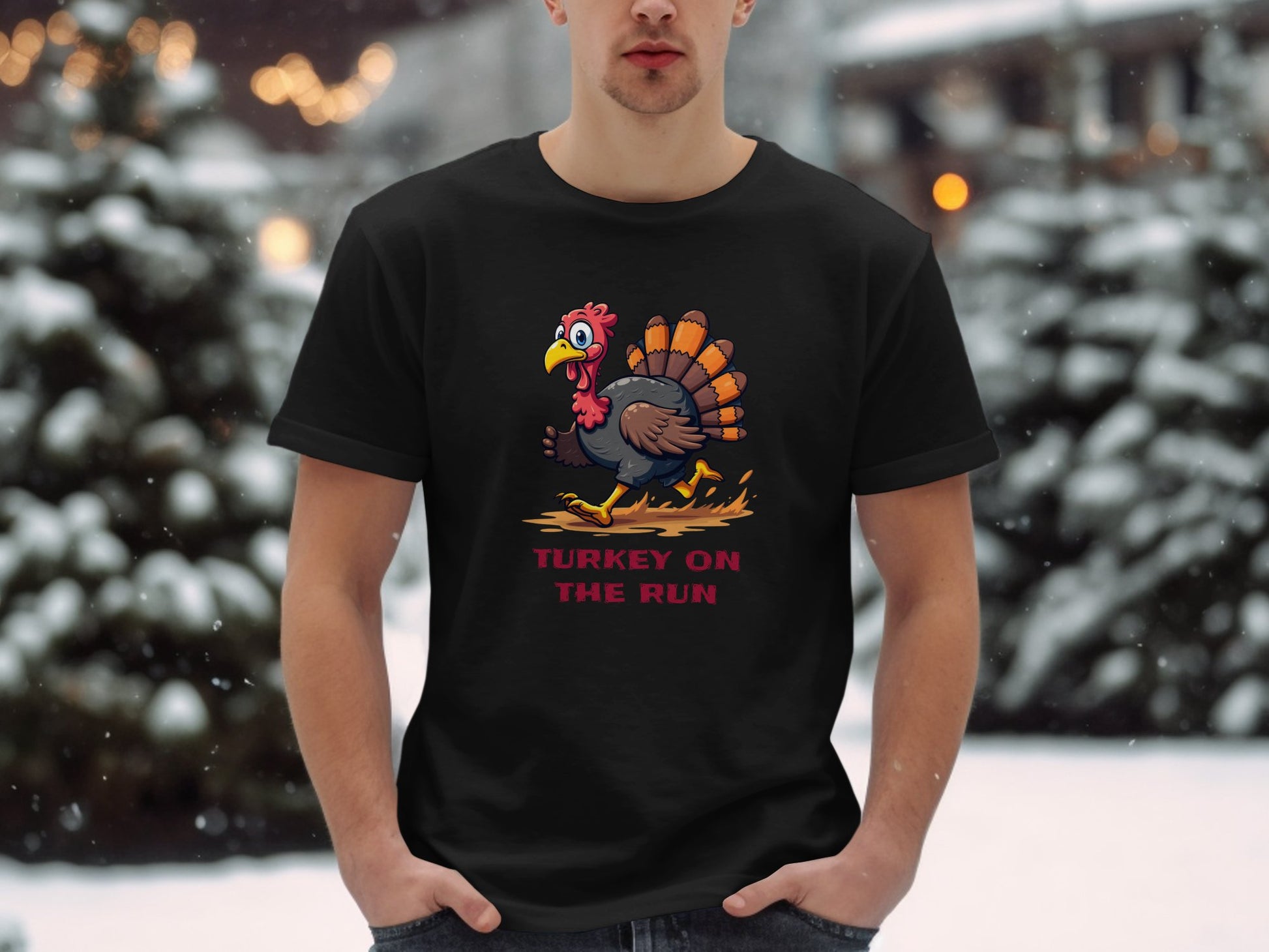 Someone in a Garment Graphics classic fit black T-shirt features a funny turkey running through a snowy outdoor scene with trees and lights, humorously capturing the turkeys lively character.
