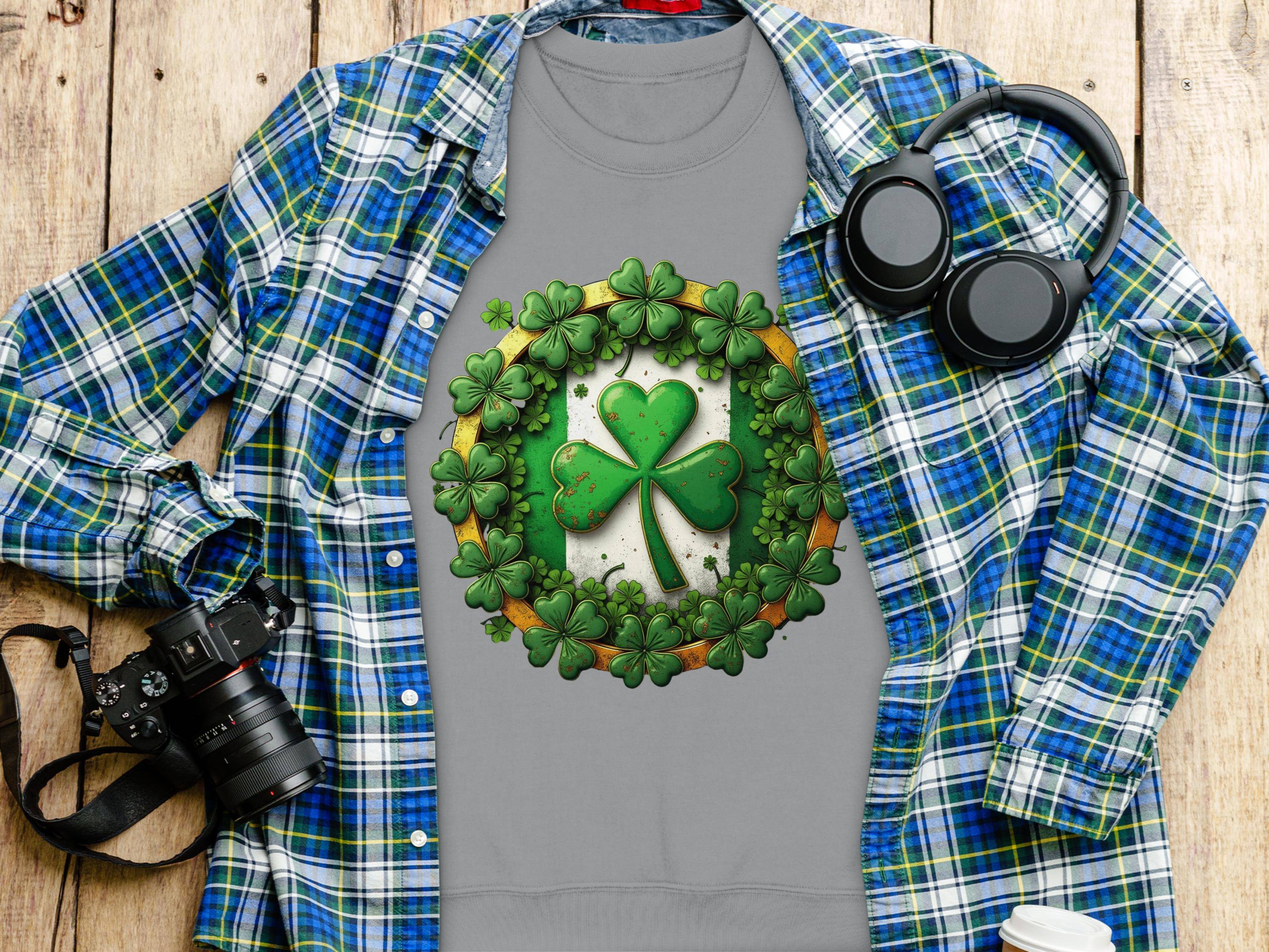 A Garment Graphics gray t-shirt with a lucky four-leaf clover design lies on a wooden surface, topped by a blue and green plaid shirt embodying the Irish spirit. Nearby rest black headphones, a camera, and a white coffee cup.