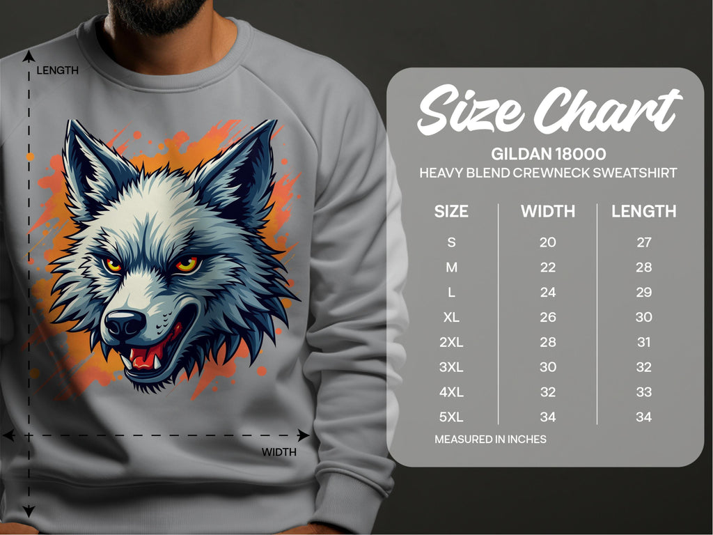 Someone dons a gray Garment Graphics sweatshirt showcasing a graffiti-style wolfs head with blue fur and red-orange accents. A size chart beside it displays sizes S to 5XL, detailing width and length in inches.