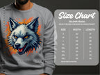 Someone dons a gray Garment Graphics sweatshirt showcasing a graffiti-style wolfs head with blue fur and red-orange accents. A size chart beside it displays sizes S to 5XL, detailing width and length in inches.