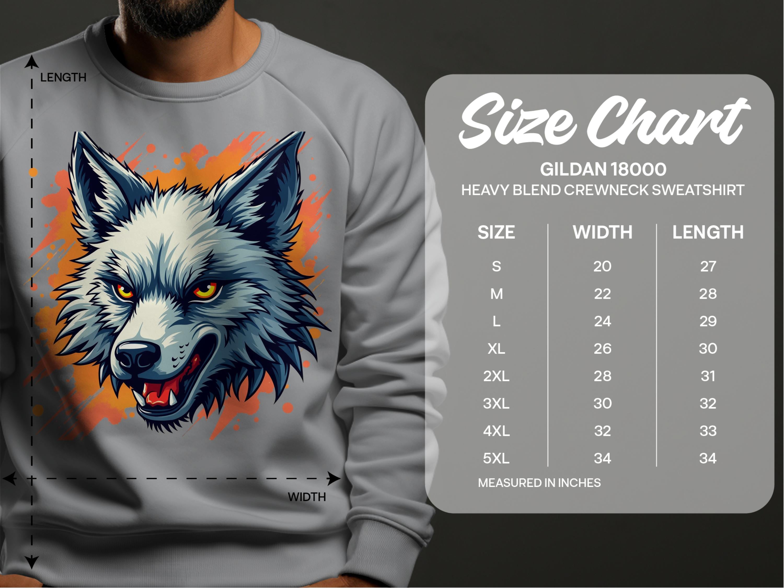 Someone dons a gray Garment Graphics sweatshirt showcasing a graffiti-style wolfs head with blue fur and red-orange accents. A size chart beside it displays sizes S to 5XL, detailing width and length in inches.