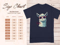 The Garment Graphics size chart showcases a dark tee featuring a cartoon llama with sunglasses and the text No Prob-Llama. Available in family sizes from S to 5XL, it details widths and lengths in inches, all set against a wooden background.