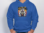 A person is sporting a blue hoodie from Garment Graphics featuring an urban edge style with a bulldog wearing sunglasses and a chain, proudly displaying CITY KING in bold, stylized letters above.