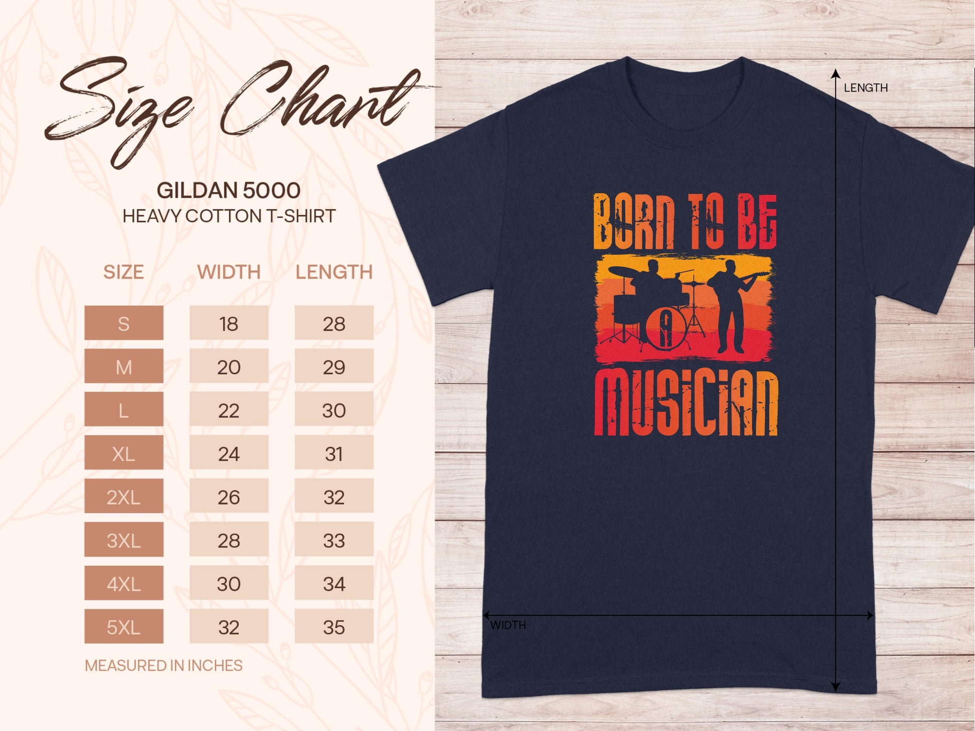 A Garment Graphics Gildan 5000 size chart is shown on the left. On the right, a navy Born To Be Musician T-shirt features an orange drummer and guitarist silhouette, ideal for music lovers. Width and length dimensions are also provided.