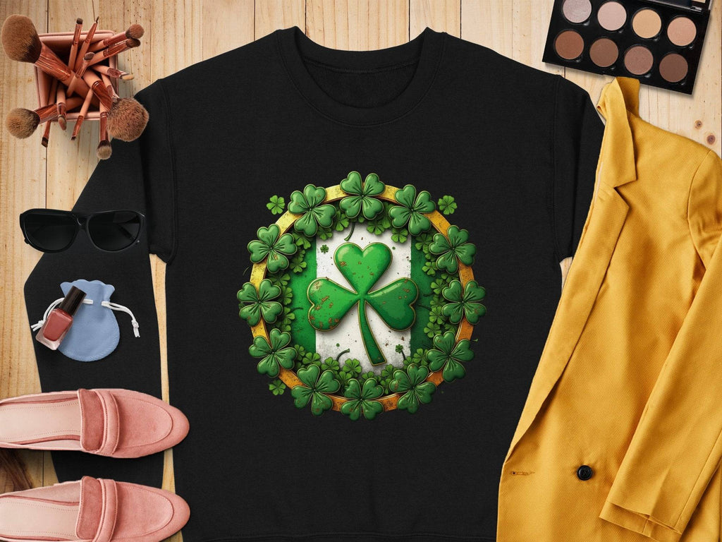 A Garment Graphics black shirt with a green shamrock design, celebrating the Irish spirit, is displayed on a wooden surface. Nearby are a yellow jacket, makeup palette, sunglasses, makeup brushes, pink shoes, nail polish, and a small blue pouch.