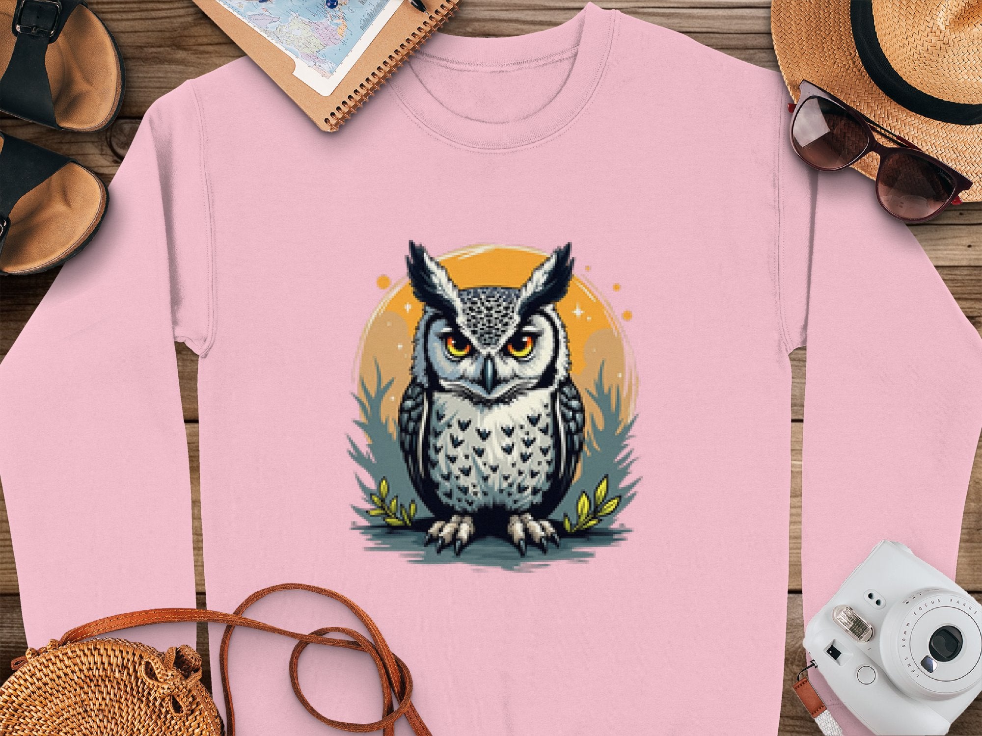 The Garment Graphics unisex pink sweatshirt boasts an intricate owl design with large eyes on an orange circle. Elegantly displayed on wood, its paired with sandals, a notebook, hat, sunglasses, and camera—ideal for stylish adventures.