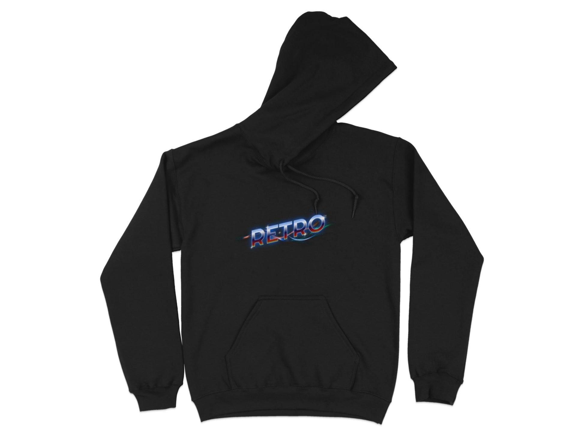 The Garment Graphics hoodie is a black, hooded sweatshirt featuring Retro in a neon-style font on the chest with vivid colors for a modern look. It includes a large front pocket and adjustable drawstring for comfort.