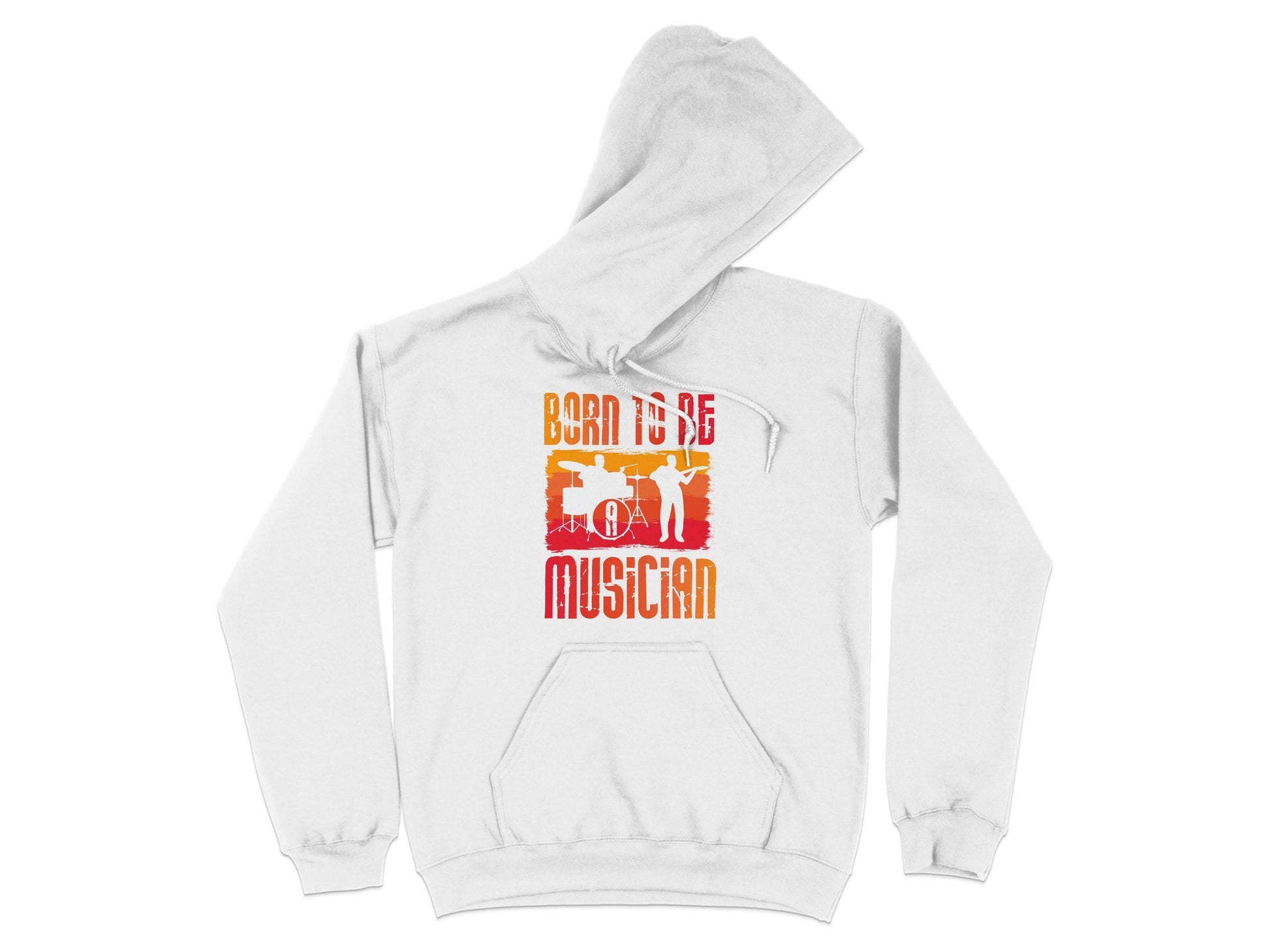 The Garment Graphics unisex hoodie features BORN TO BE A MUSICIAN in bold orange and red, showcasing drummers and guitarists against a musical scene. Ideal for music lovers, its cozy hood adds a mysterious charm to the vibrant design.