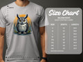 A person is wearing a Garment Graphics white T-shirt featuring an owl graphic with a yellow circle, adding artistic flair. Beside it, a size chart for the Gildan 5000 Heavy Cotton T-Shirt shows sizes S-5XL with corresponding width and length measurements in inches.