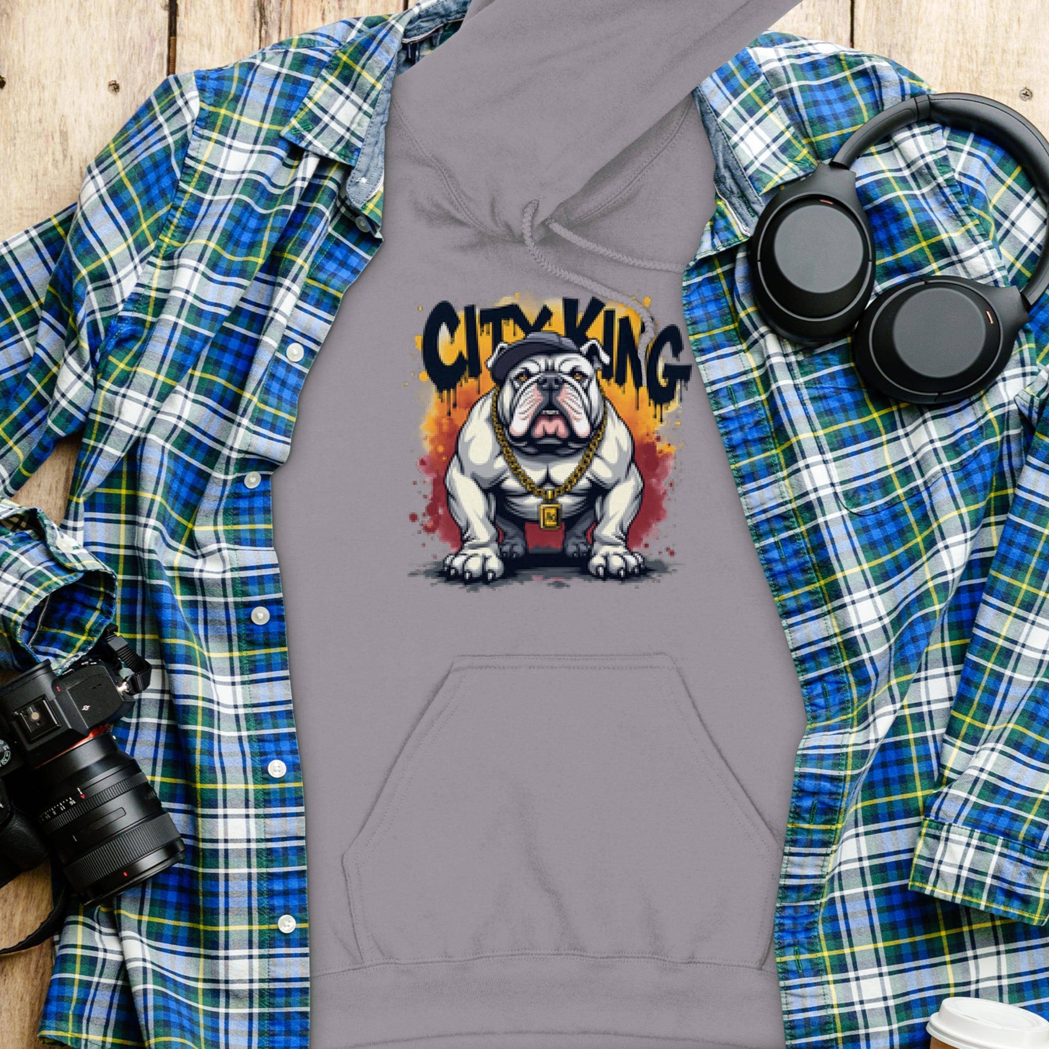 A Garment Graphics gray hoodie with a Graphic Bulldog Design and CITY KING text rests on a wooden surface. Ideal for casual wear, its accompanied by a blue plaid shirt, camera, headphones, and a white lidded cup.