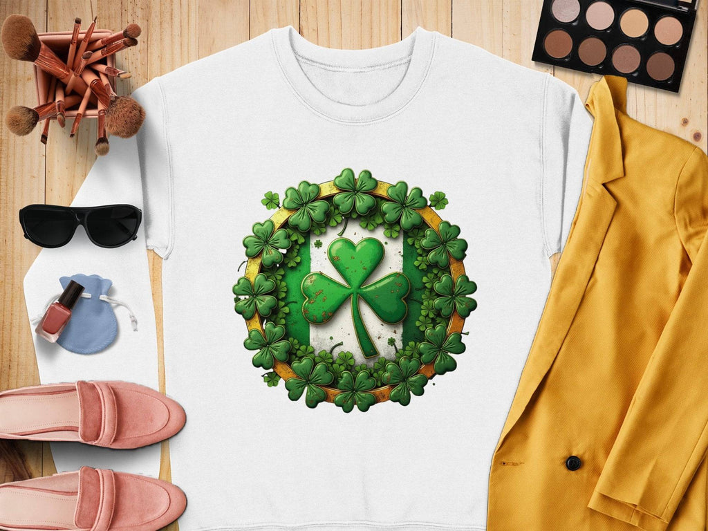 Flat lay of a fashion ensemble on wood: At the center is a Garment Graphics white shirt with a four-leaf clover design, surrounded by pink shoes, makeup brushes, yellow jacket, sunglasses, eyeshadow palette, lipstick, and small blue pouch.